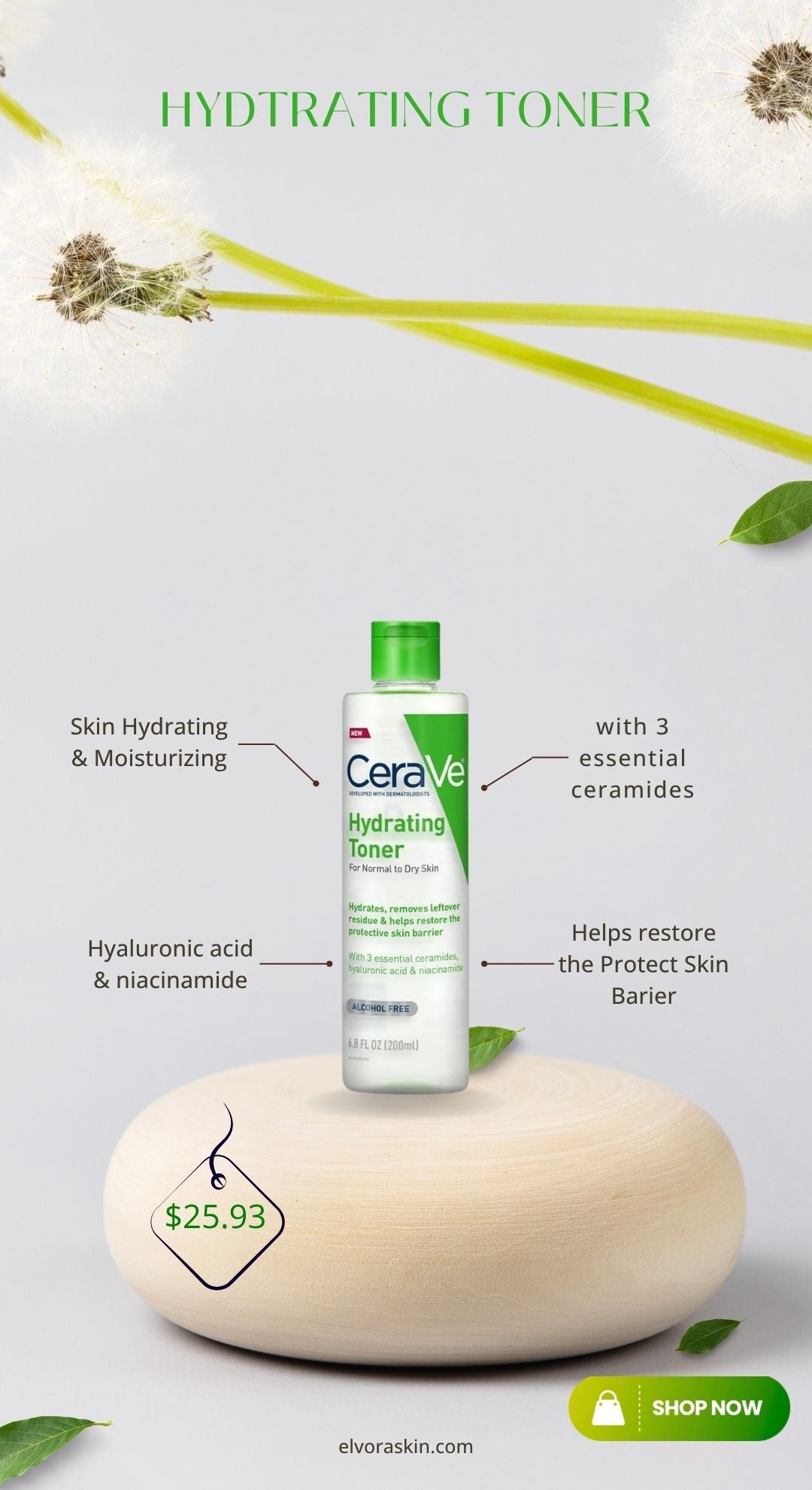 CeraVe Hydrating Toner for Face Non-Alcoholic with Hyaluronic Acid Niacinamide and Ceramides for Sensitive Dry Skin Fragrance-Free Non Comedogenic Full Size 6.8 Fl Oz