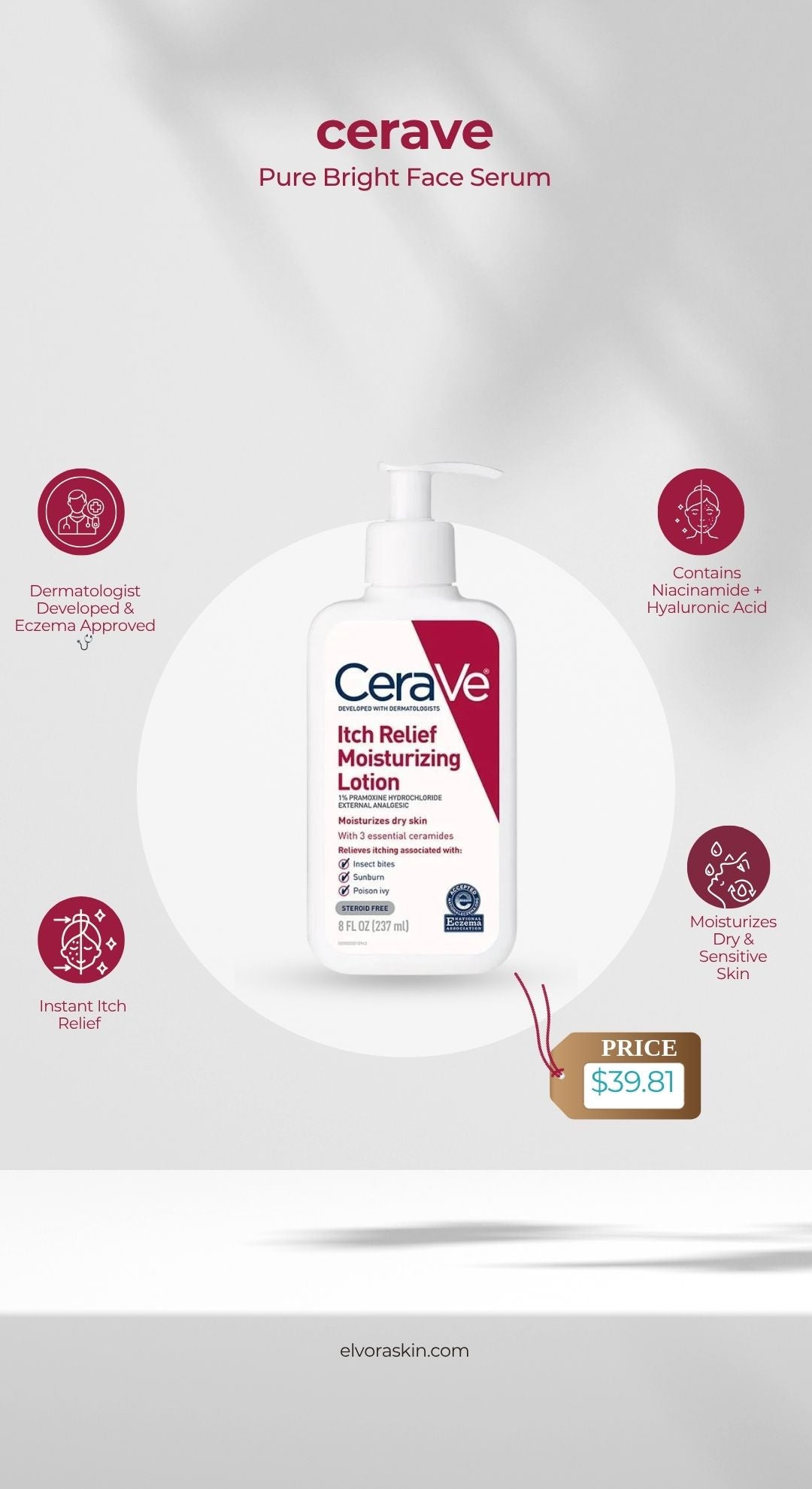 CeraVe Anti Itch Moisturizing Lotion with Pramoxine Hydrochloride Relieves Itch with Minor Skin Irritations Sunburn Relief Bug Bites 16 Ounces