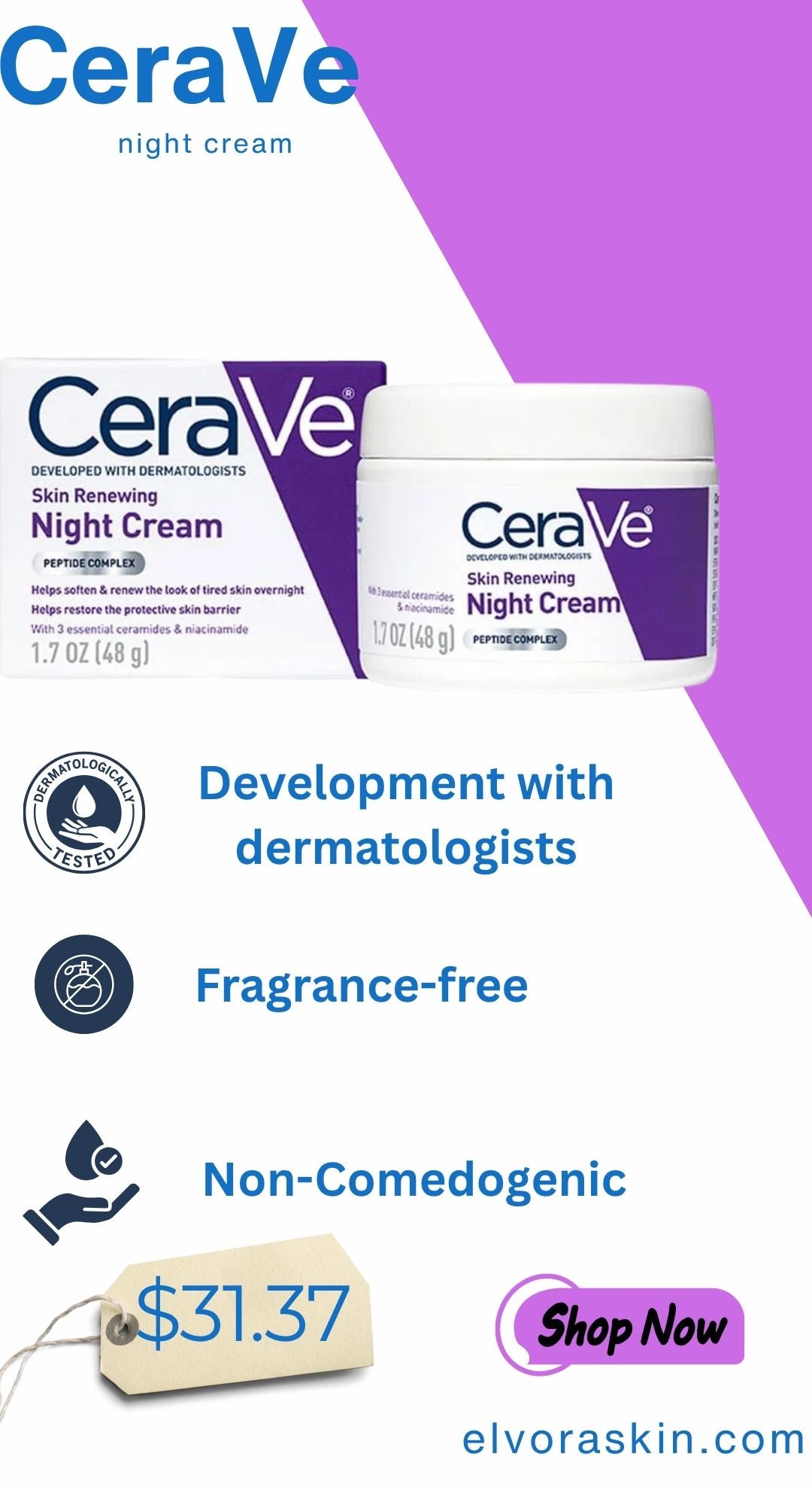CeraVe Skin Renewing Night Cream Niacinamide Peptide Complex and Hyaluronic Acid Moisturizer for Face 1.7 Ounce Packaging may Vary