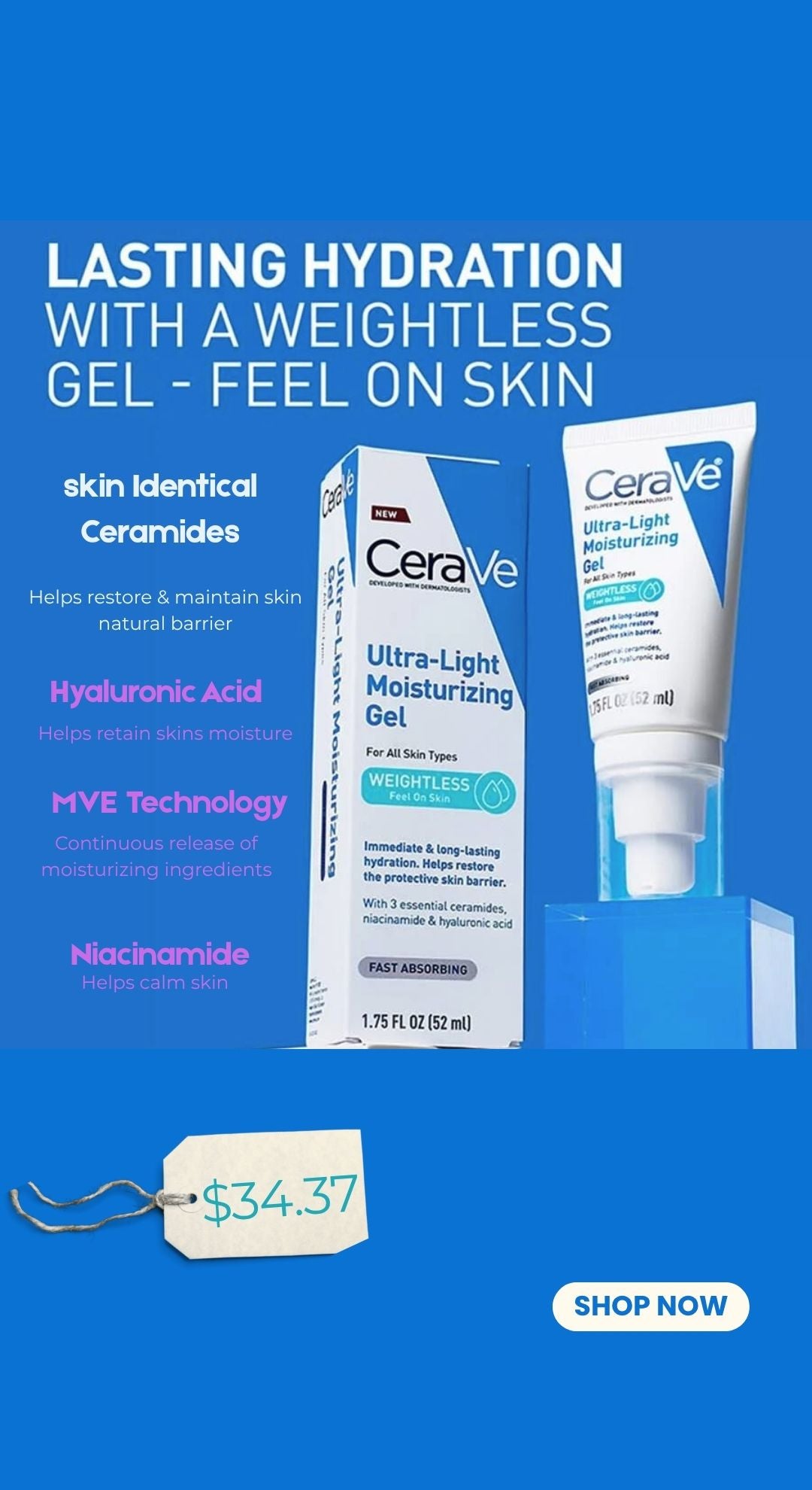 CeraVe Ultra-Light Moisturizing Gel Hydrating Gel Face Moisturizer with Ceramides Niacinamide Hyaluronic Acid Fragrance Free Oil-Free Weightless Mattifying Moisturizer 1.75 FL Oz