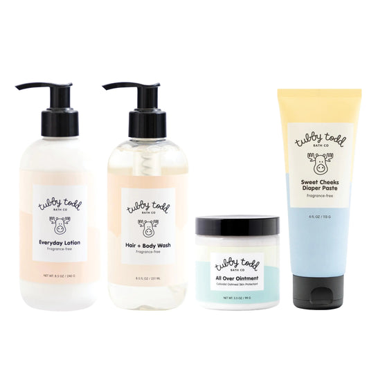 TUBBY TODD Baby Bath & Skincare Kit - The Baby Bundle - Baby Shampoo and Body Wash Everyday Lotion 8.5 Oz All Over Ointment 3.5 Oz & Diaper Paste Cream 4 Oz Gift Set - Fragrance-Free